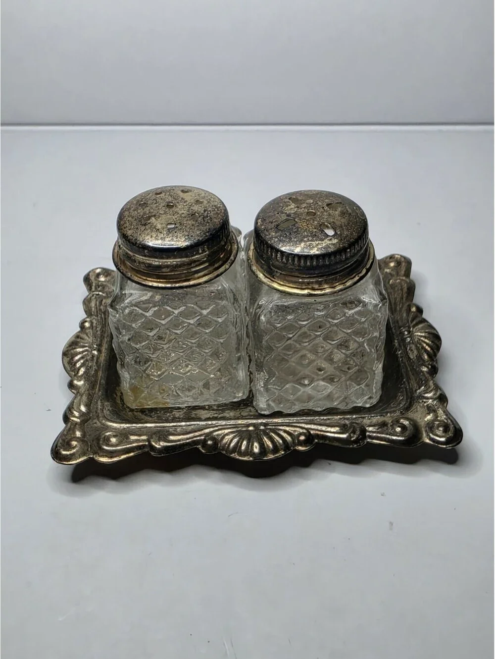 Vintage Mini Glass Salt & Pepper Shakers w/ Silver Plated Tray